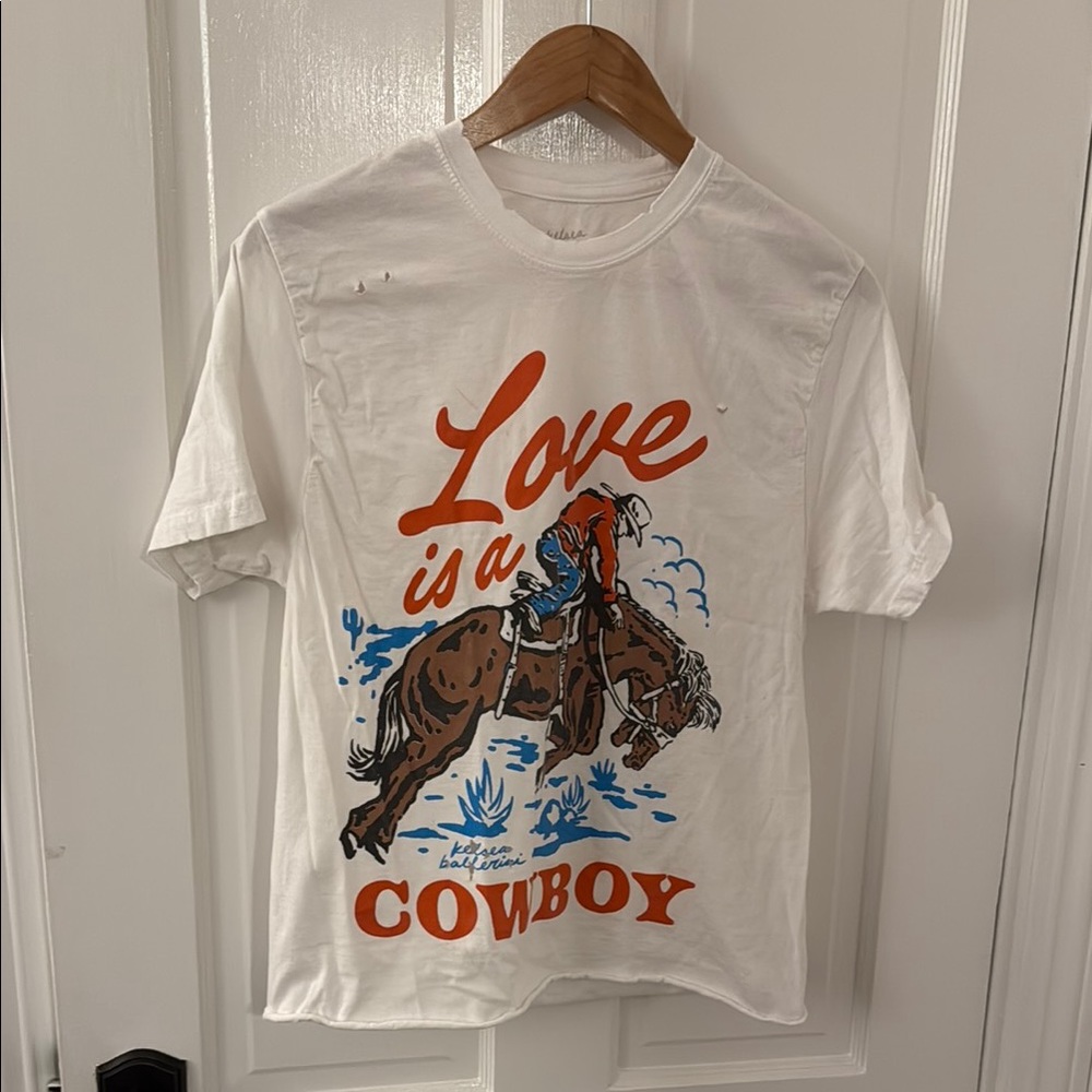 White Graphic Tee with Cowboy Print